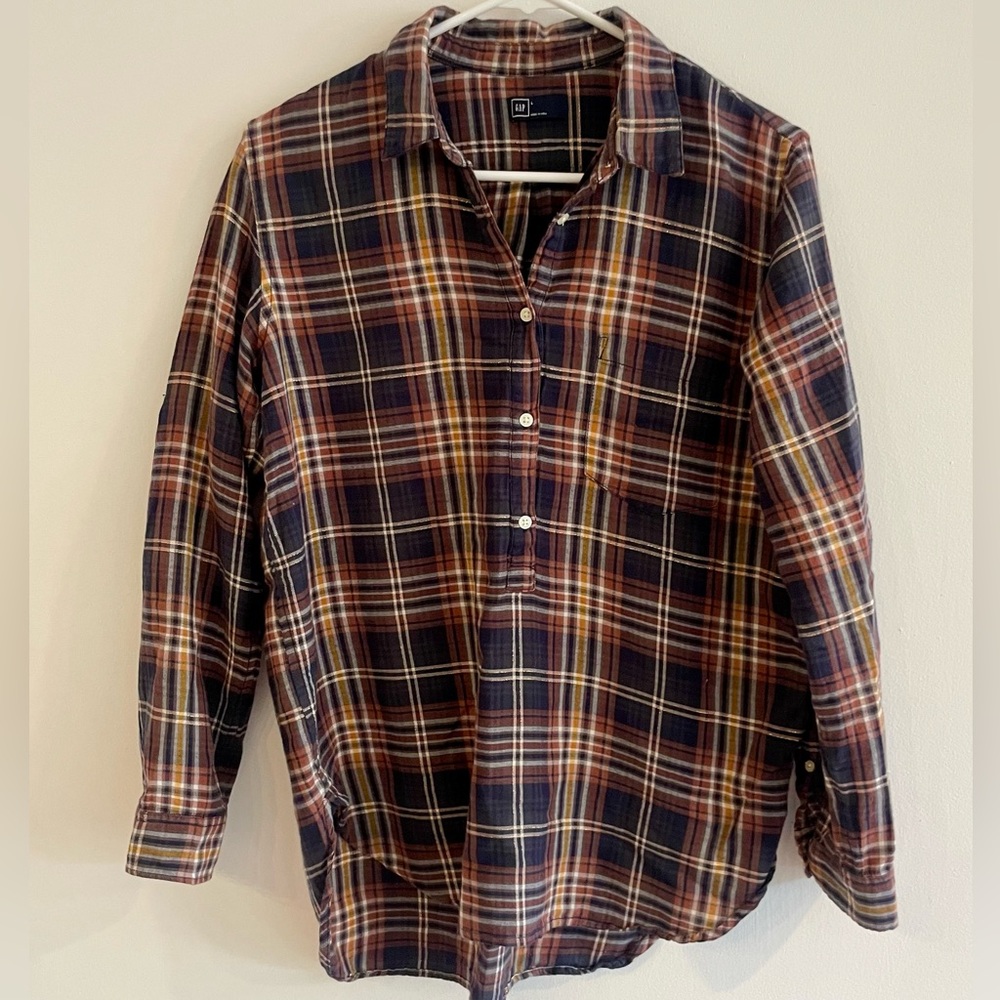 Womens Gap Plaid Shirt - Navy, rust, gold sparkle. Great for holidays.